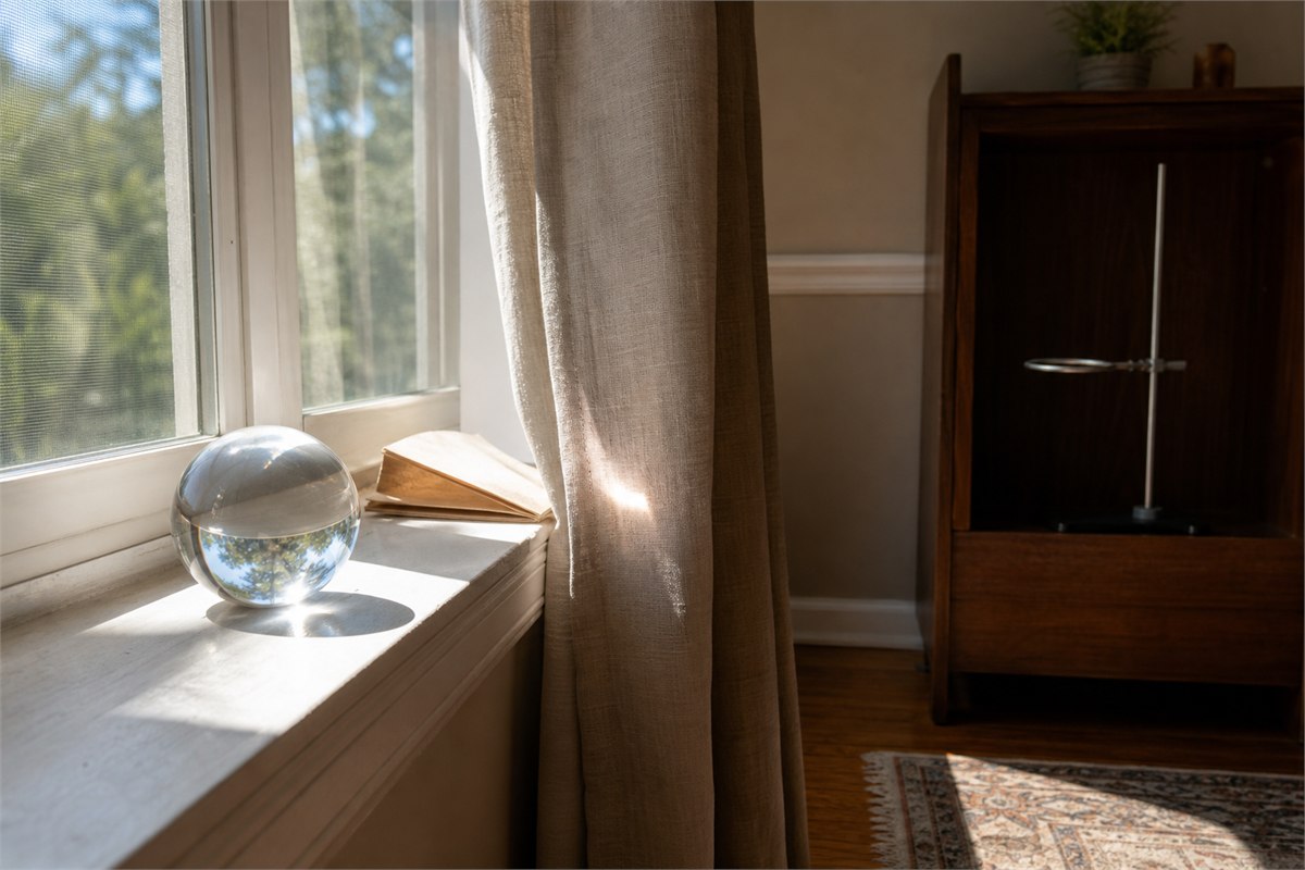 Transparent sphere near a window with a visible sunbeam path toward nearby paper and fabric, shown as a prevention warning without ignition
