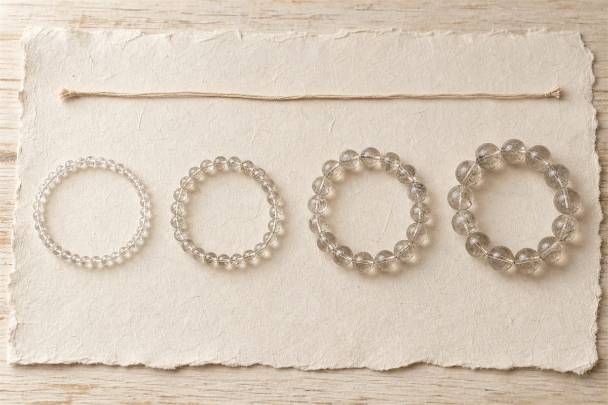 Four quartz bracelets with progressively larger round beads and similar inner circumferences arranged on handmade paper