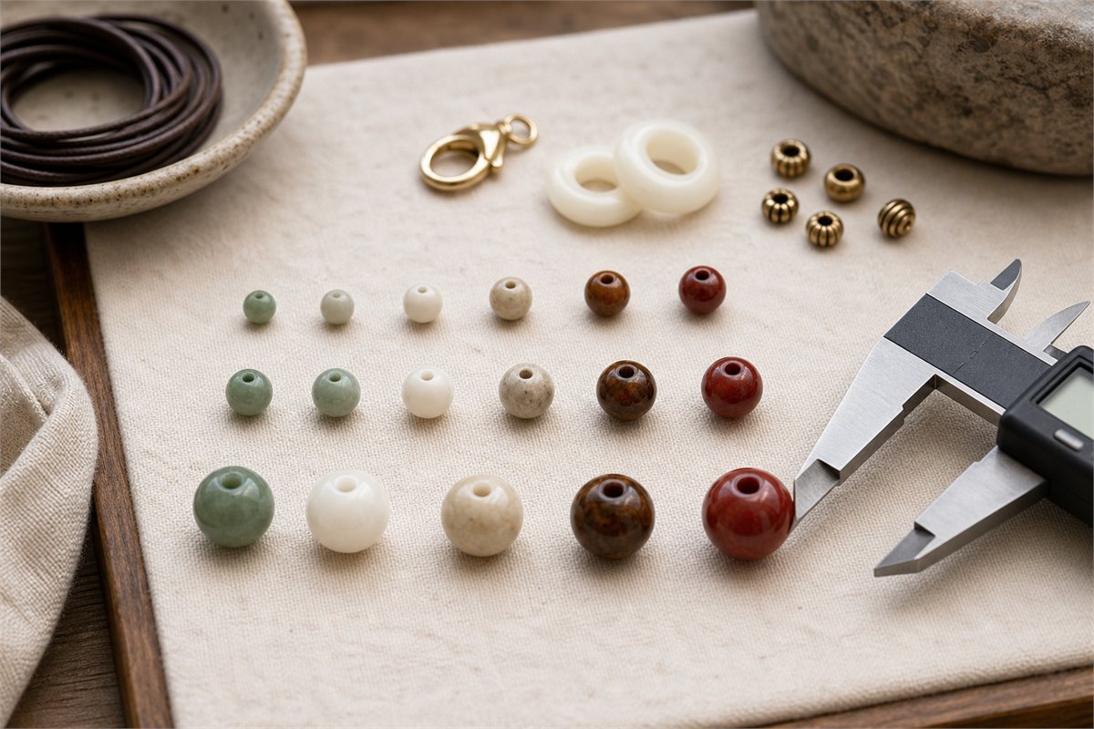 Four, six, and eight millimeter gemstone beads beside cord, caliper, clasp, and smooth separators