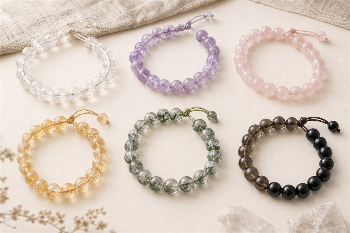 Separate clear quartz, amethyst, rose quartz, citrine, green phantom, smoky quartz, and obsidian bracelets in natural light