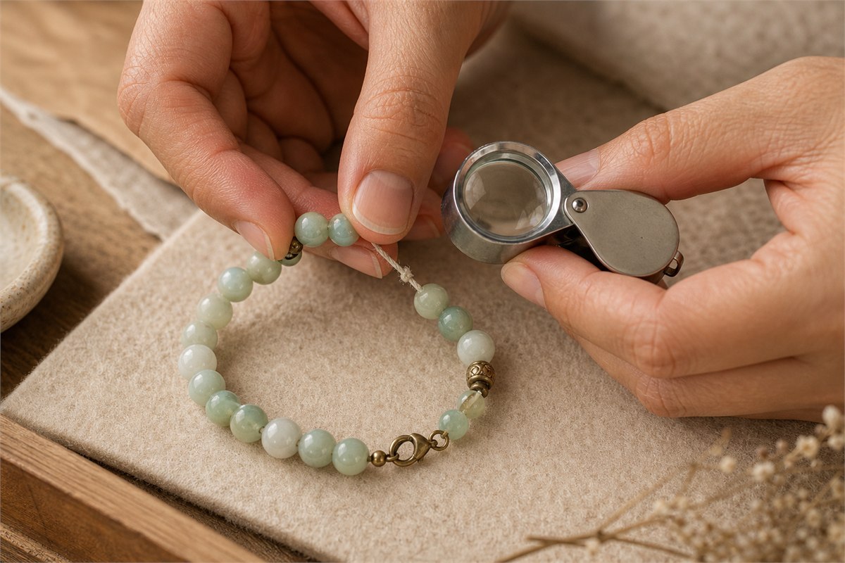 Hands and loupe inspecting fuzzy worn elastic, bead holes, brass spacers, clasp, and jump ring on a pale green bracelet
