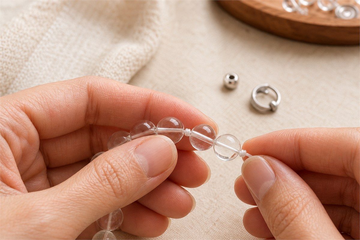 Hands inspecting centered drill holes, transparent elastic, and a bracelet knot beside silver findings