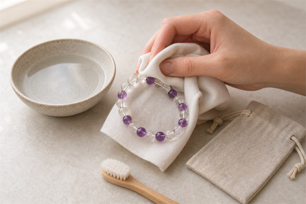 A crystal bracelet being dried with a soft cloth beside clean water, a soft brush, and a fabric pouch