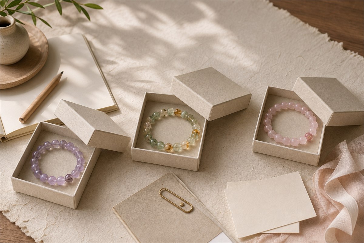 Amethyst, green-and-golden crystal, and rose quartz bracelets presented in three neutral gift boxes