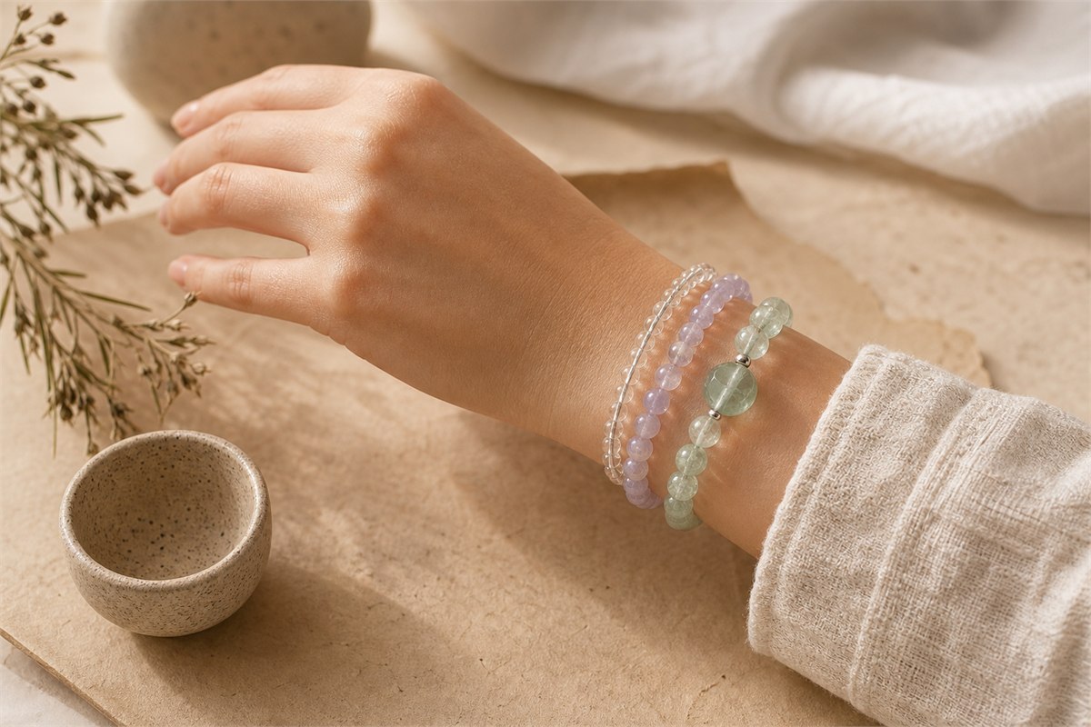 A wrist layered with fine clear quartz, medium amethyst, and larger green crystal bracelets