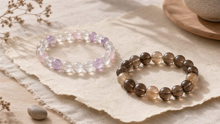 An 8 mm clear, rose, and amethyst crystal bracelet beside a larger 10 mm smoky and rutilated quartz bracelet