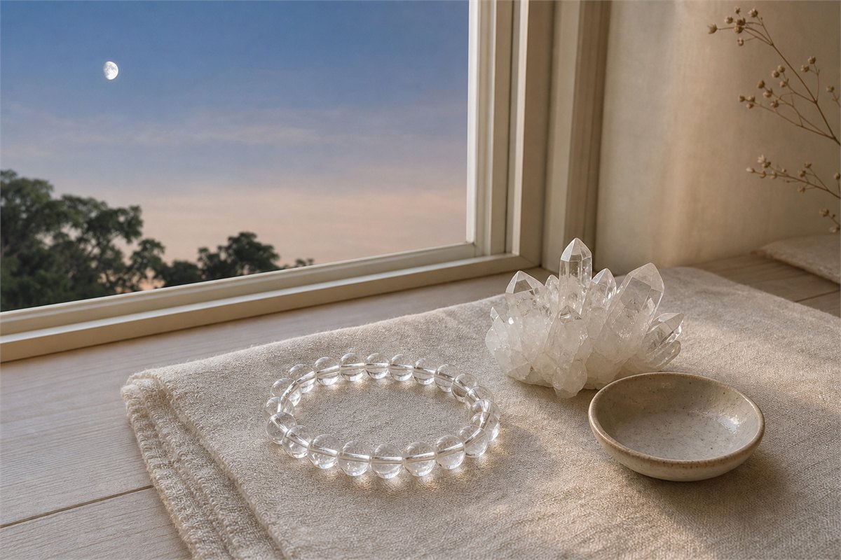 A dry clear quartz bracelet beside a natural quartz cluster on a bright early-evening windowsill