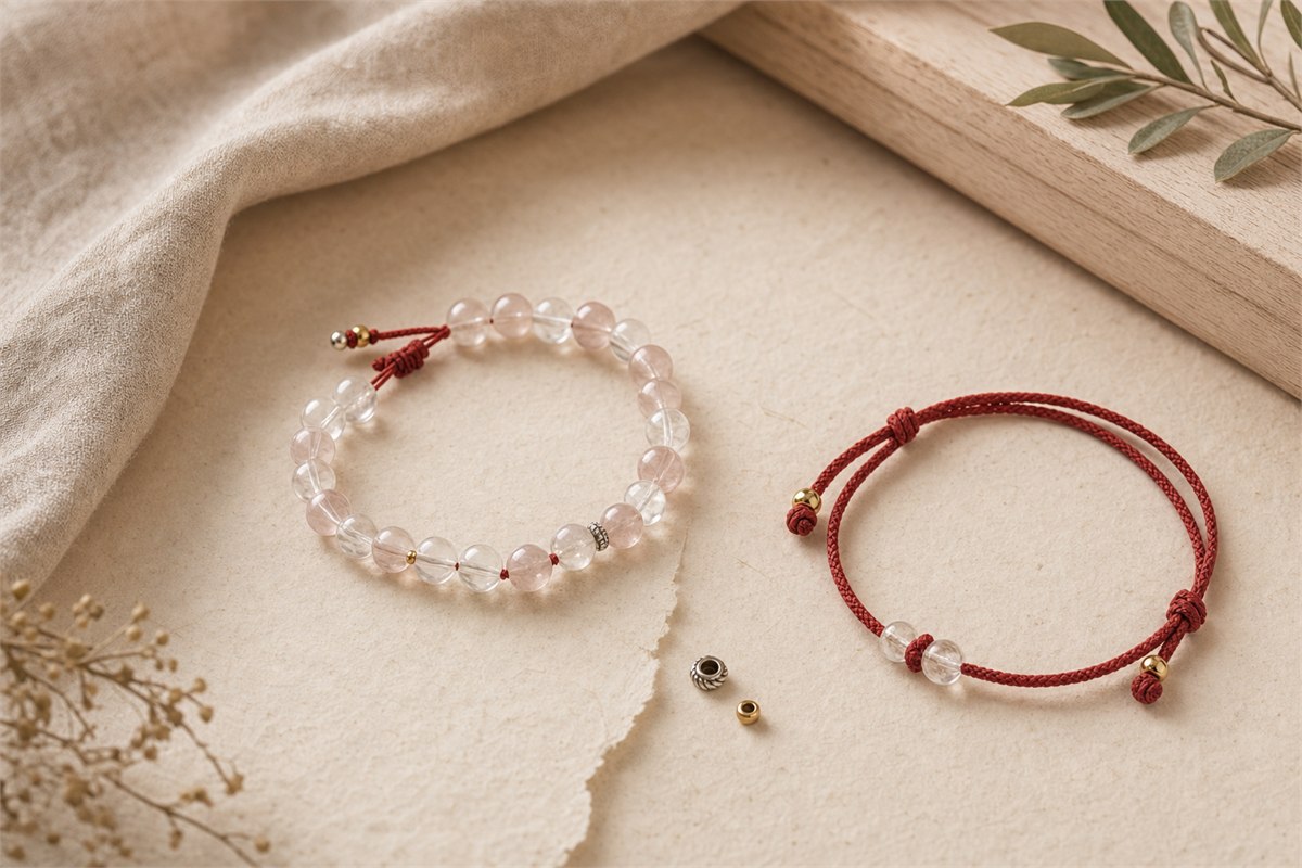 A clear and rose quartz bracelet styled beside a restrained red cord bracelet and small metal spacers