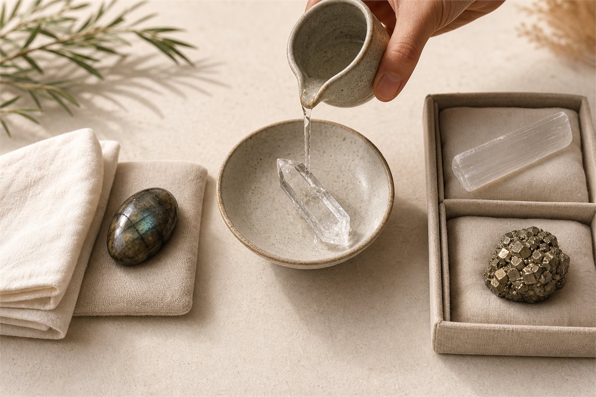 Dry unknown stone, clear quartz receiving a brief rinse over a bowl, and dry selenite and pyrite in separate compartments