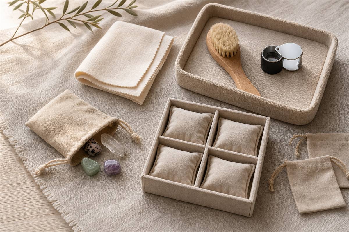 Dry crystal care tools with lint-free cloths, soft brush, loupe, individual pouches, and divided storage tray