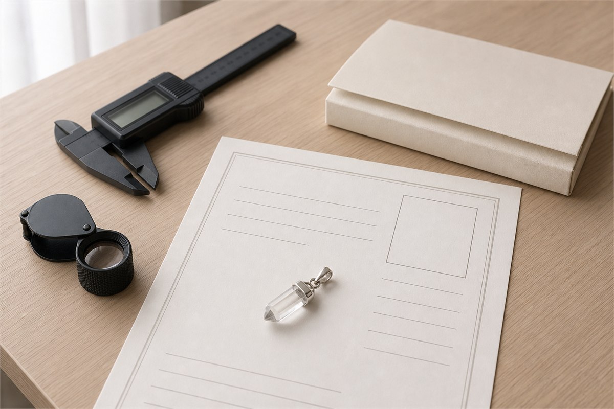 Quartz pendant beside a blank gem report card, loupe, caliper, and neutral packaging on a clean desk