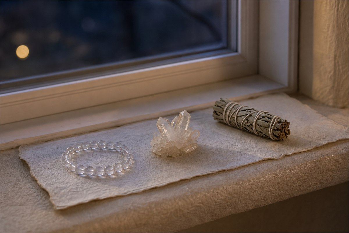 Quartz bracelet resting near a crystal cluster and unlit sage on a moonlit windowsill