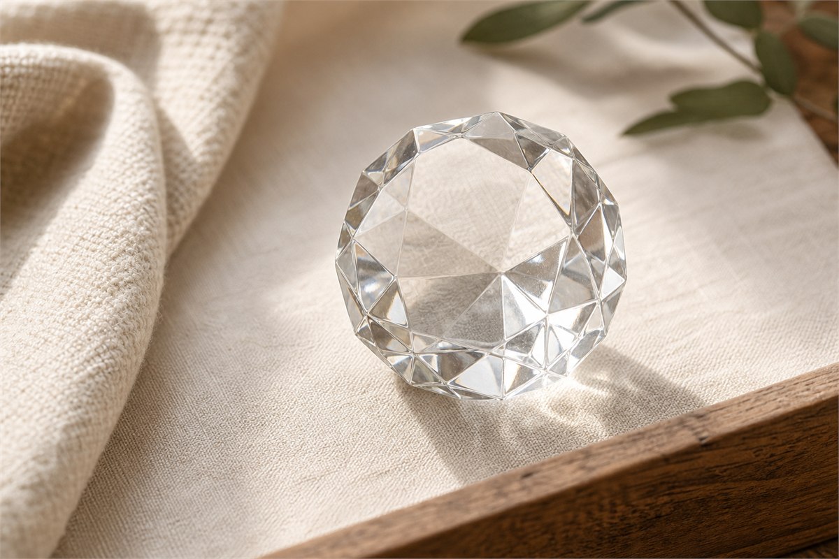 Colorless faceted crystal glass ornament with precise regular cuts and glassy reflections on linen