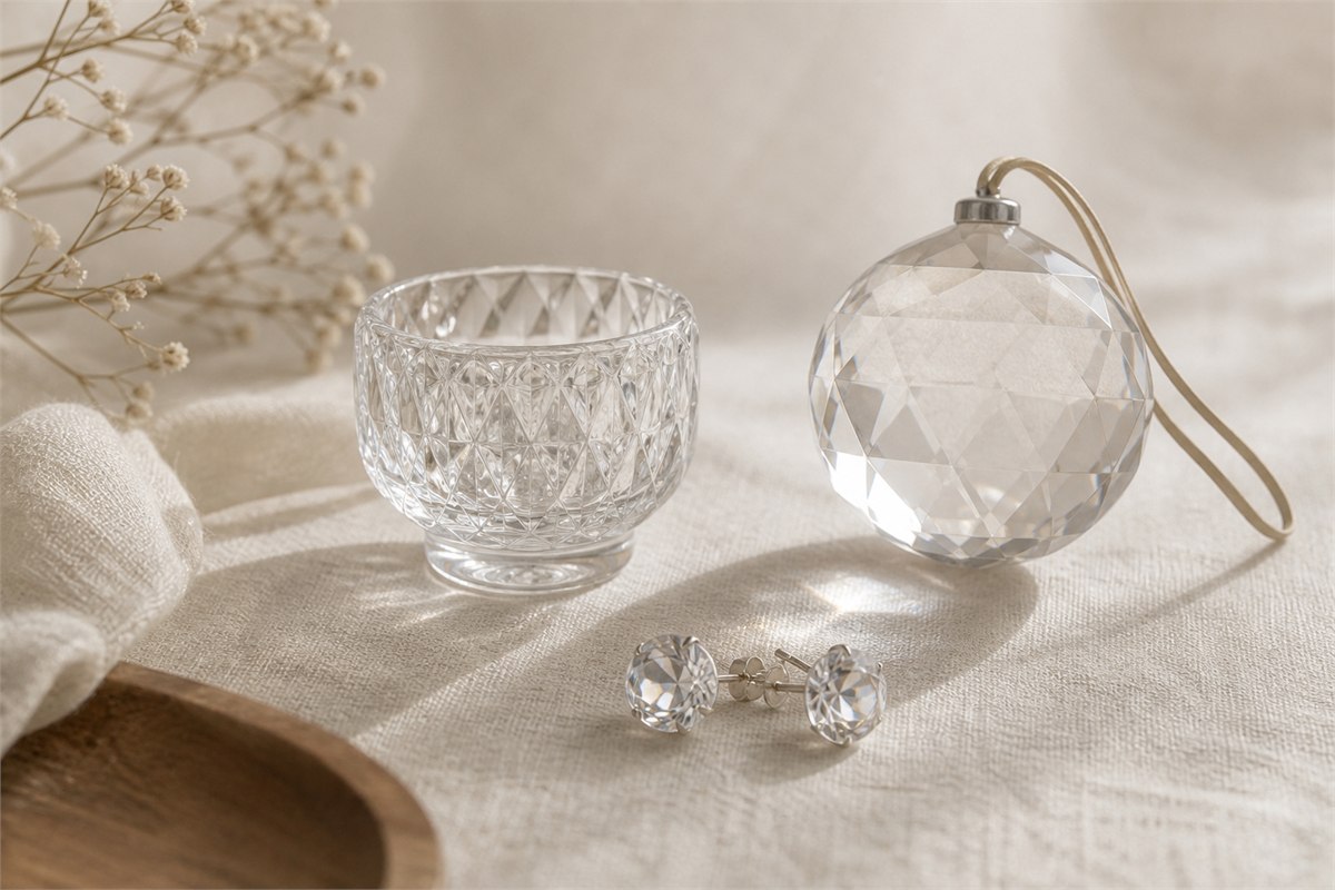 Cut crystal glass cup, small faceted ornament, and unbranded fashion earrings arranged on neutral linen