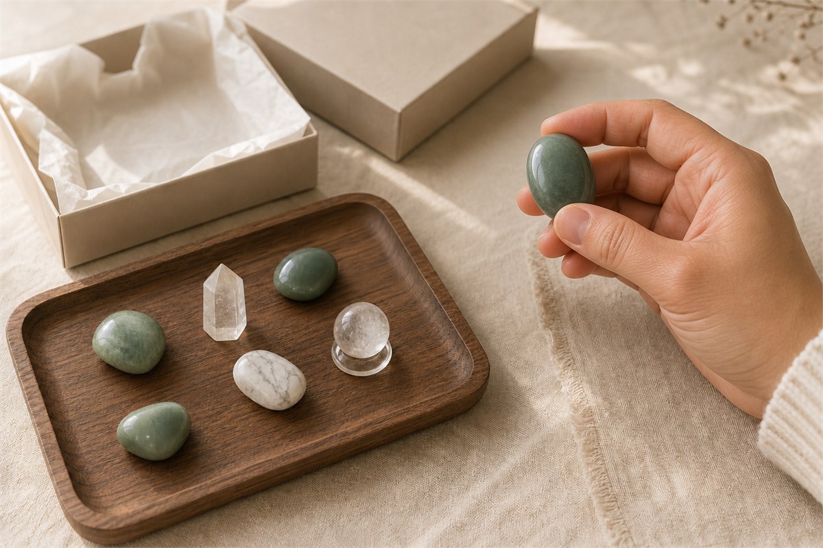 Hand inspecting one of seven stones beside protective packaging and a plain wood tray.