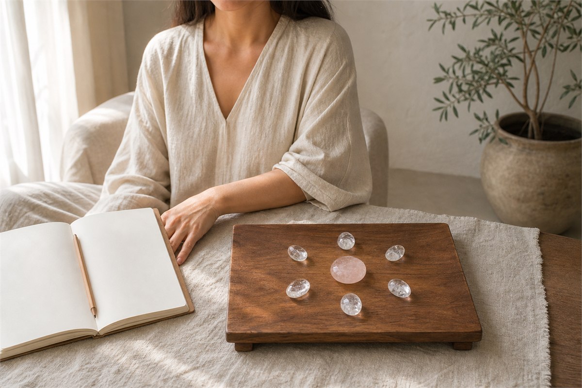 Person seated beside a seven-stone crystal grid with a blank notebook in warm natural light.
