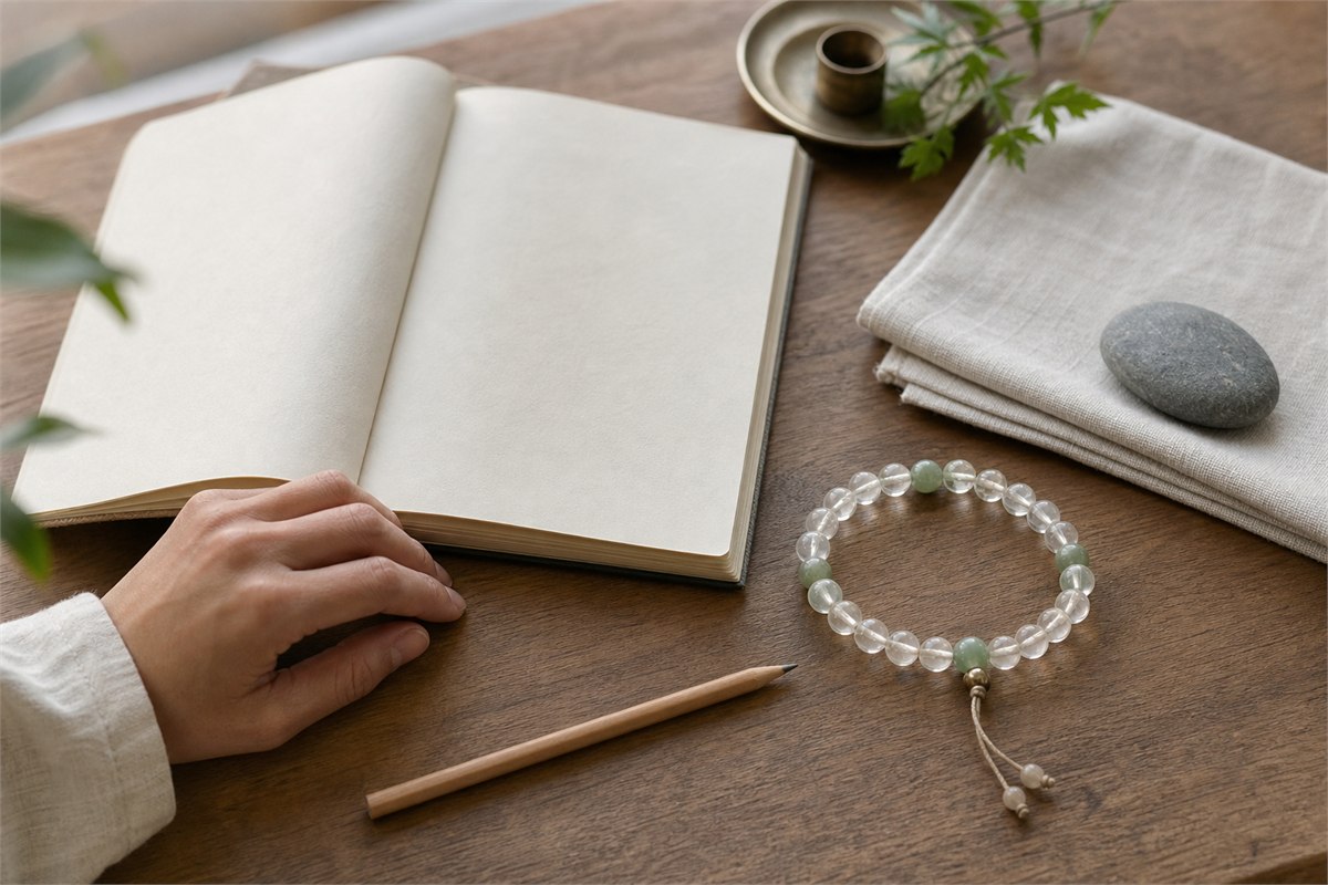 Crystal jewelry resting beside a quiet journal and folded linen in soft natural light