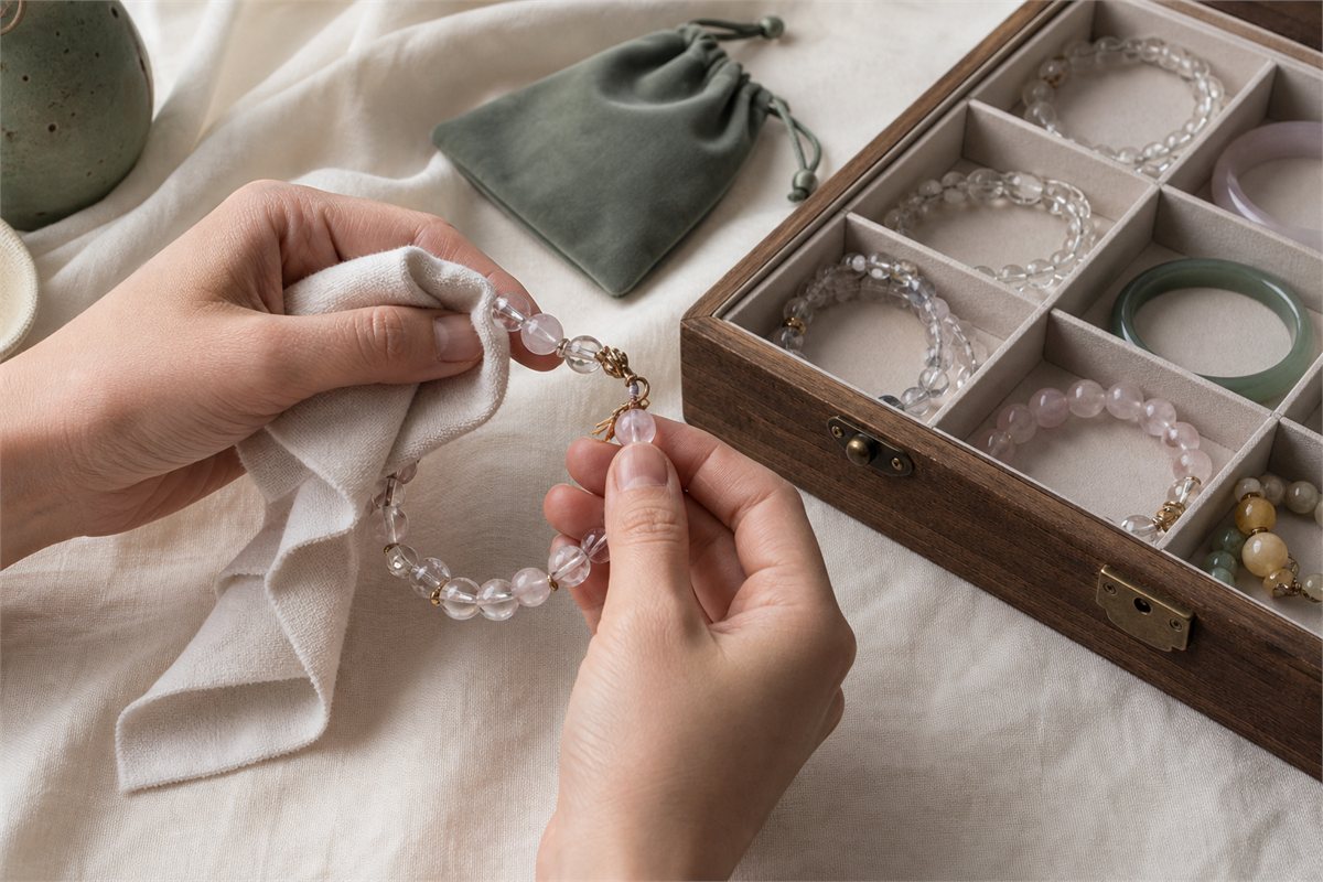 Crystal bracelet cleaned with a soft cloth beside divided storage while cord, clasp, setting, and drill holes are inspected