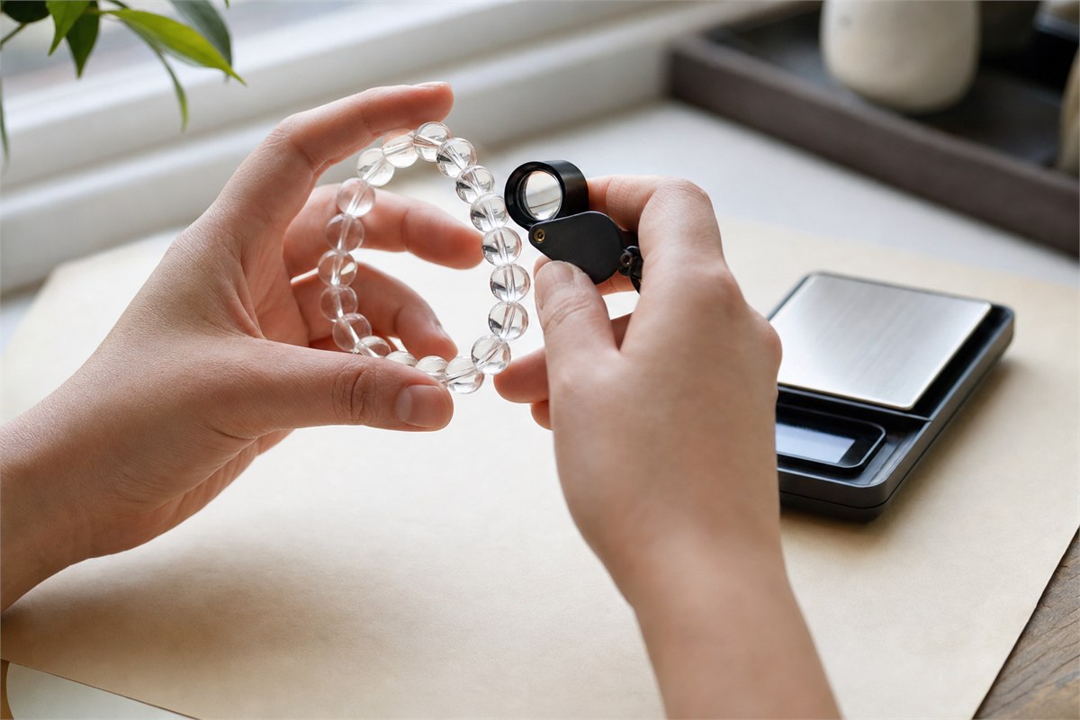 Hands examining a quartz bracelet with a loupe beside a small digital scale in natural window light