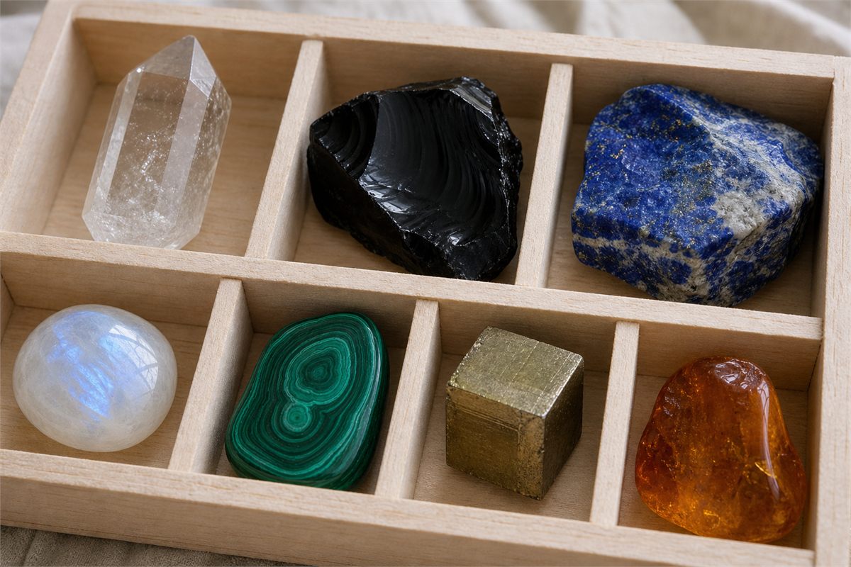 Clear quartz, black obsidian, lapis lazuli, moonstone, malachite, pyrite, and amber specimens in separate compartments