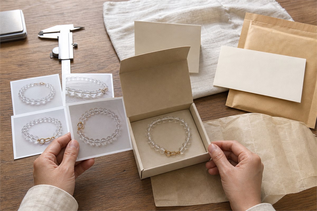 Crystal bracelet, neutral product photographs, measurements, invoice envelope, and reusable return packaging