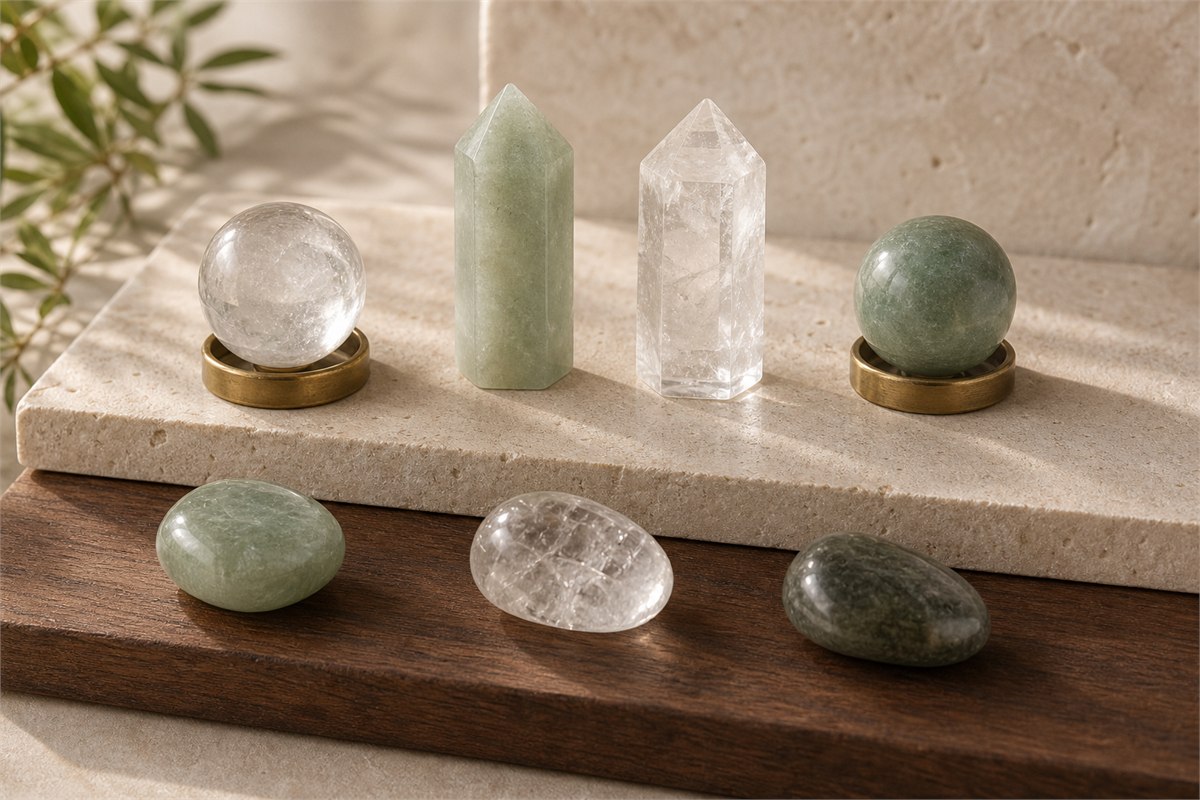 Seven crystal pieces in sphere, tower, and tumbled shapes shown with stable bases and realistic scale.