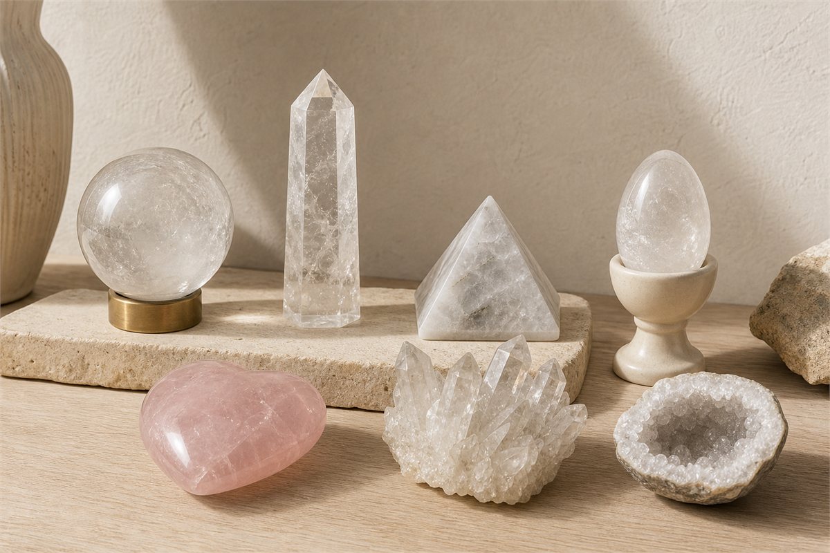 Sphere, point, pyramid, egg, heart, natural cluster, and geode arranged as distinct mineral forms