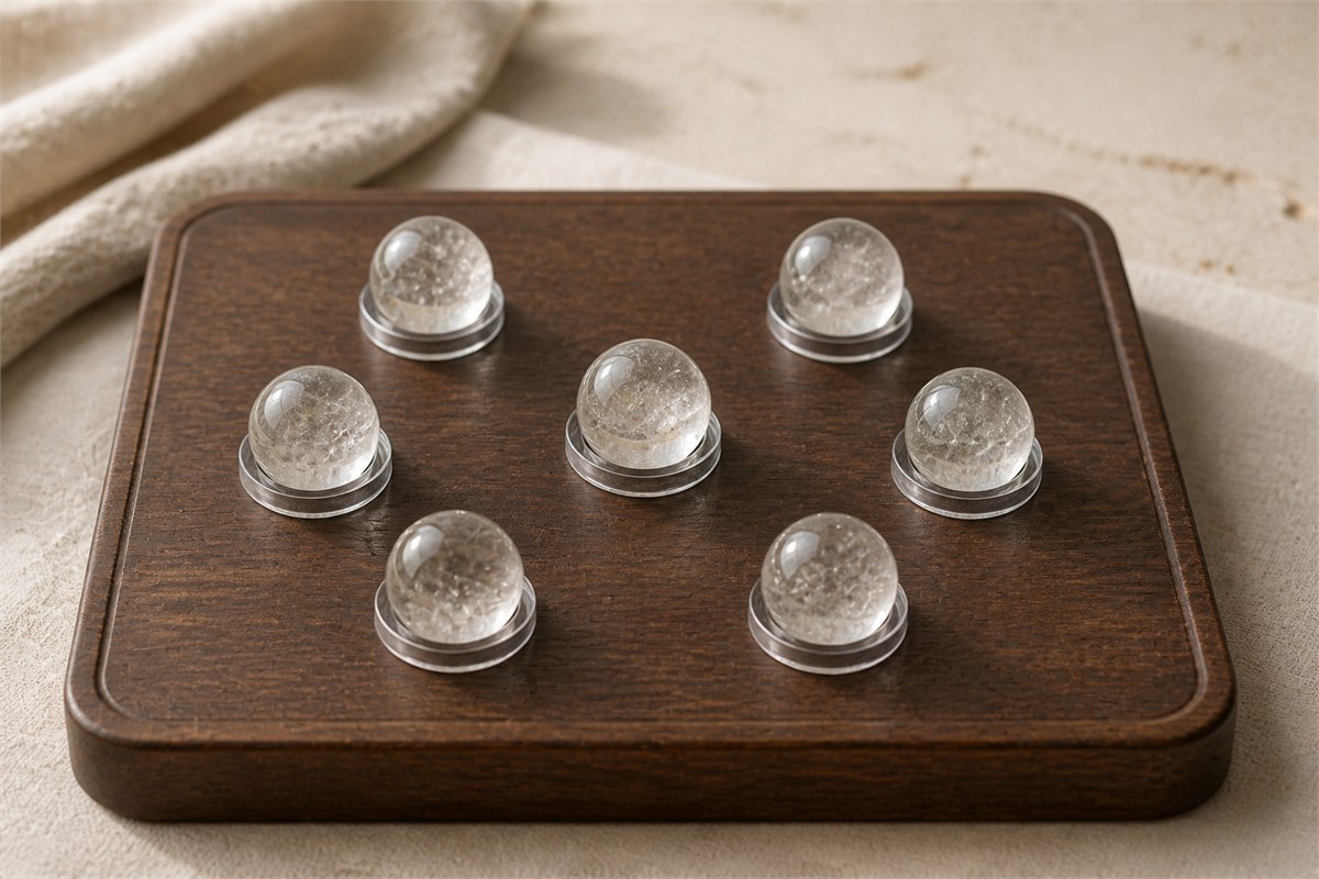 Seven crystal spheres held securely by fitted recesses and discreet clear support rings on a stable tray.