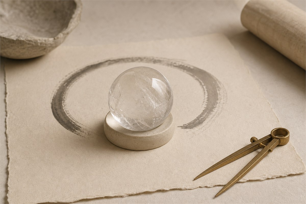 Single clear quartz sphere centered on handmade paper with circular ink wash and soft window shadow