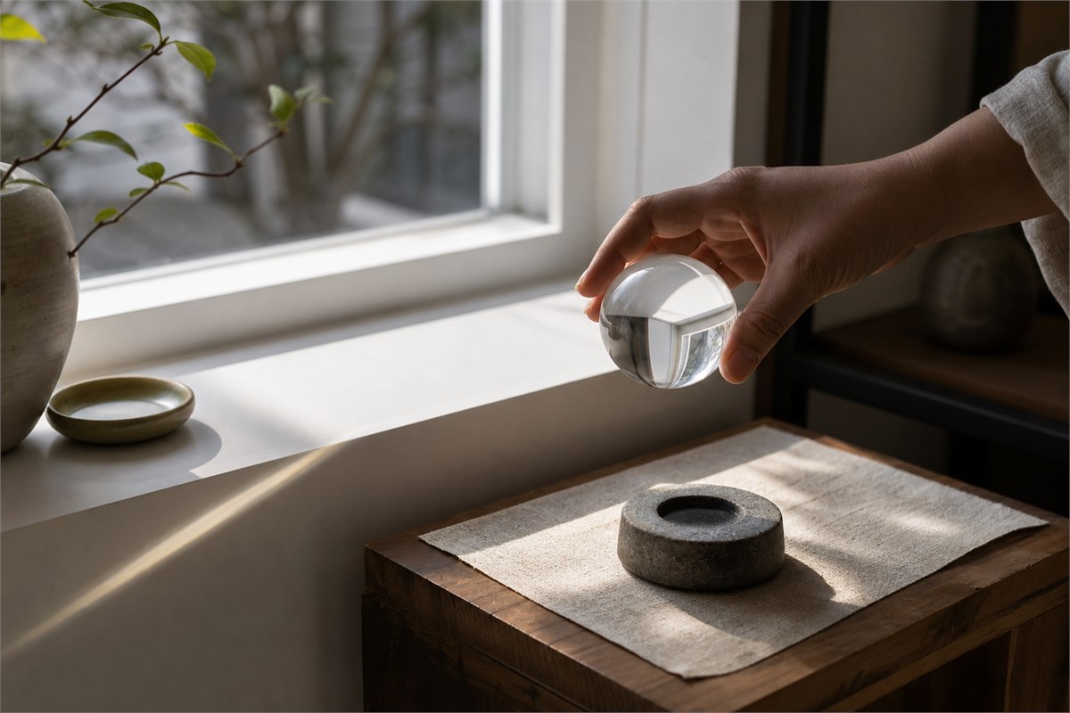A hand moving a transparent sphere from a sunny windowsill to a shaded fitted stand