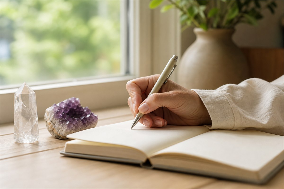 Person journaling beside a clear quartz stone and small amethyst on a quiet sunlit desk