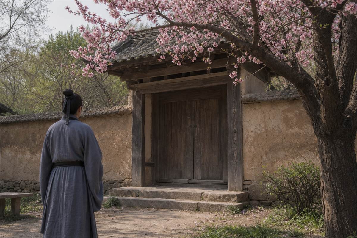 A quiet Tang-era village gate under peach blossoms with a lone traveler outside and no person at the doorway