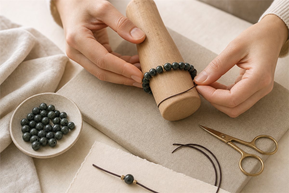 Hands arranging dark stone beads and cord around a wooden bracelet sizing mandrel