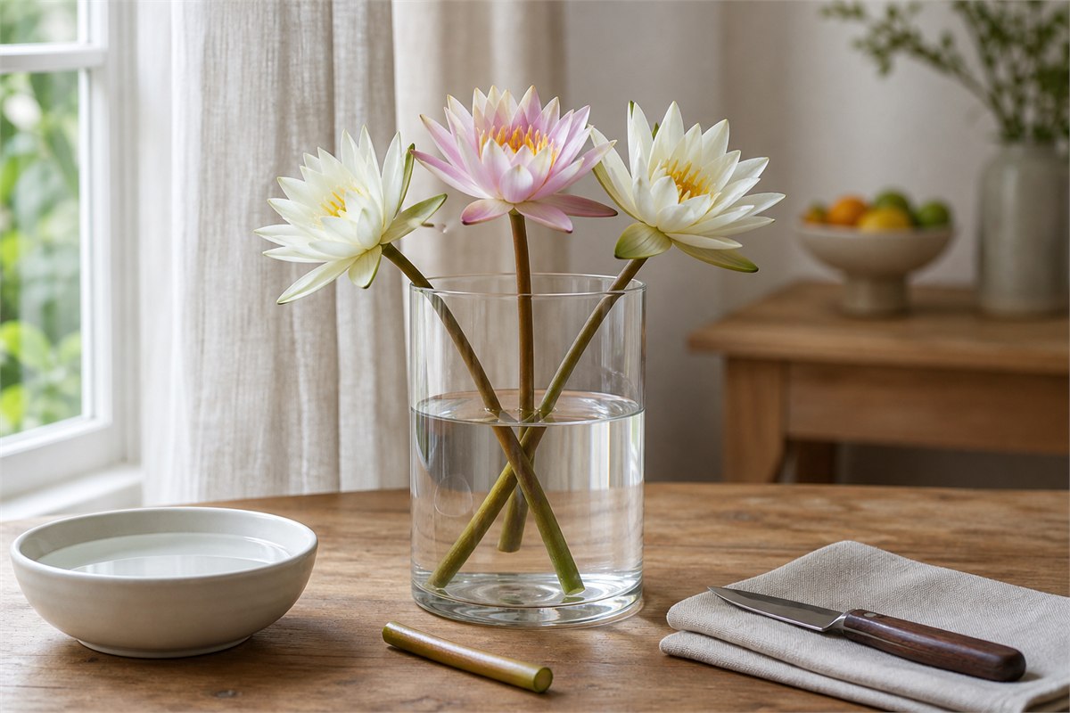 Three cut water lilies in a clean glass vase beside fresh water and a clean floral knife