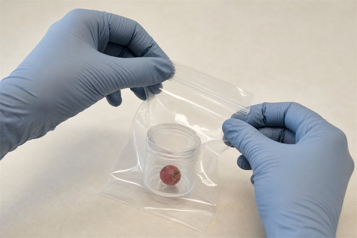 Gloved adult hands sealing a container with a damaged red bead inside a second clear bag