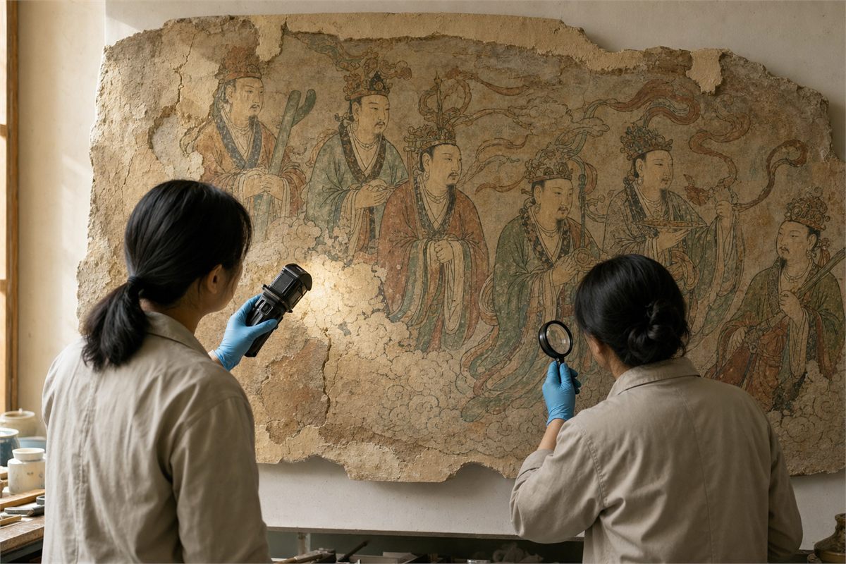 Two conservators examine a generic Daoist celestial-court wall painting under soft studio light
