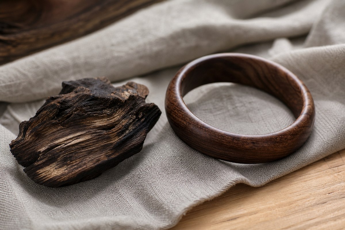 A darker peach wood bangle beside a raw dark wood offcut showing natural streaks and aged grain