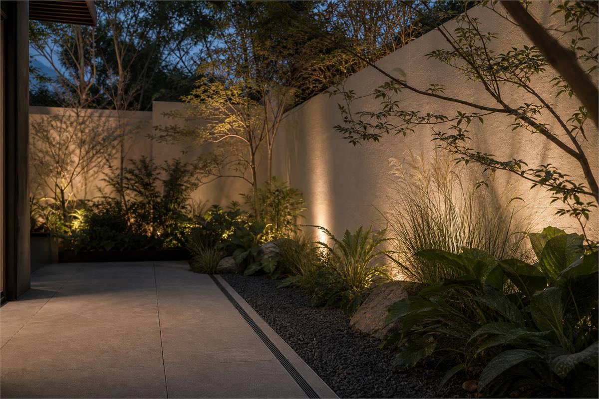 Dark gray quartz gravel edging a garden path with ferns, ornamental grasses, warm linear lighting, and discreet drainage