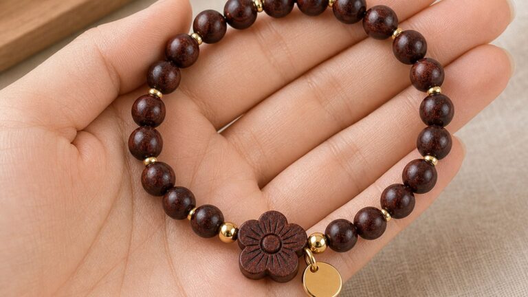 Dark red-brown wood bead bracelet on warm linen with soft natural light
