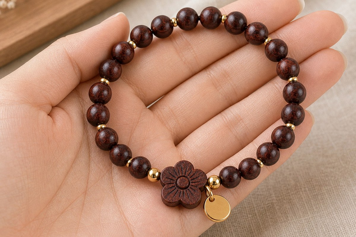 Dark wood bracelet held in an open hand with soft fabric and natural light
