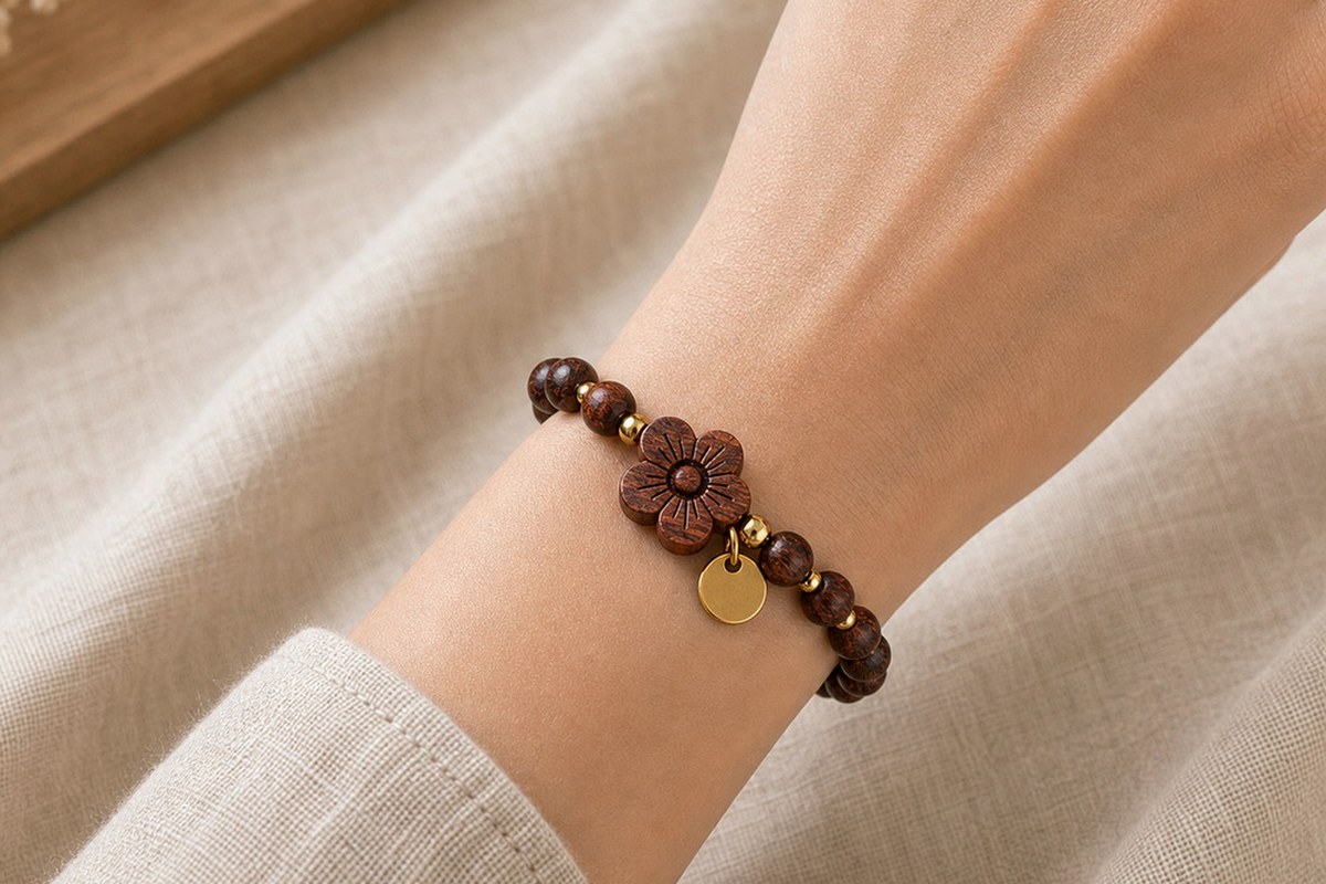 Dark wood bracelet worn on a wrist with a soft linen sleeve