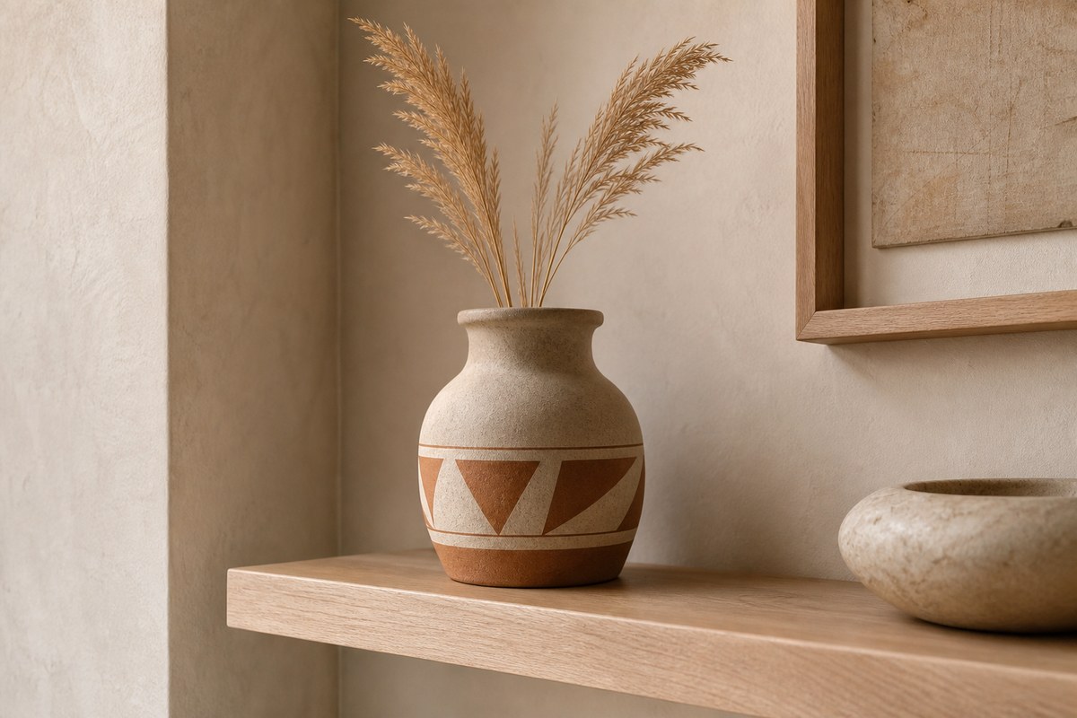Hand-painted decorative pottery holding dried stems on a stable shelf away from food and drink