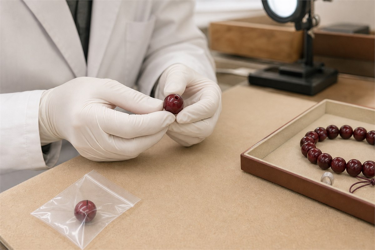 Gloved adult hands inspecting an intact deep-red bead beside a damaged bead sealed in a clear pouch
