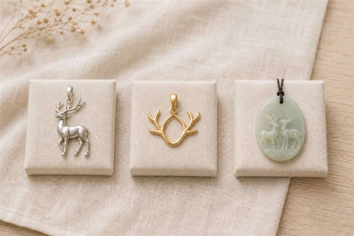 Silver whole-deer pendant, gold antler pendant, and pale nephrite two-deer carving on separate pads