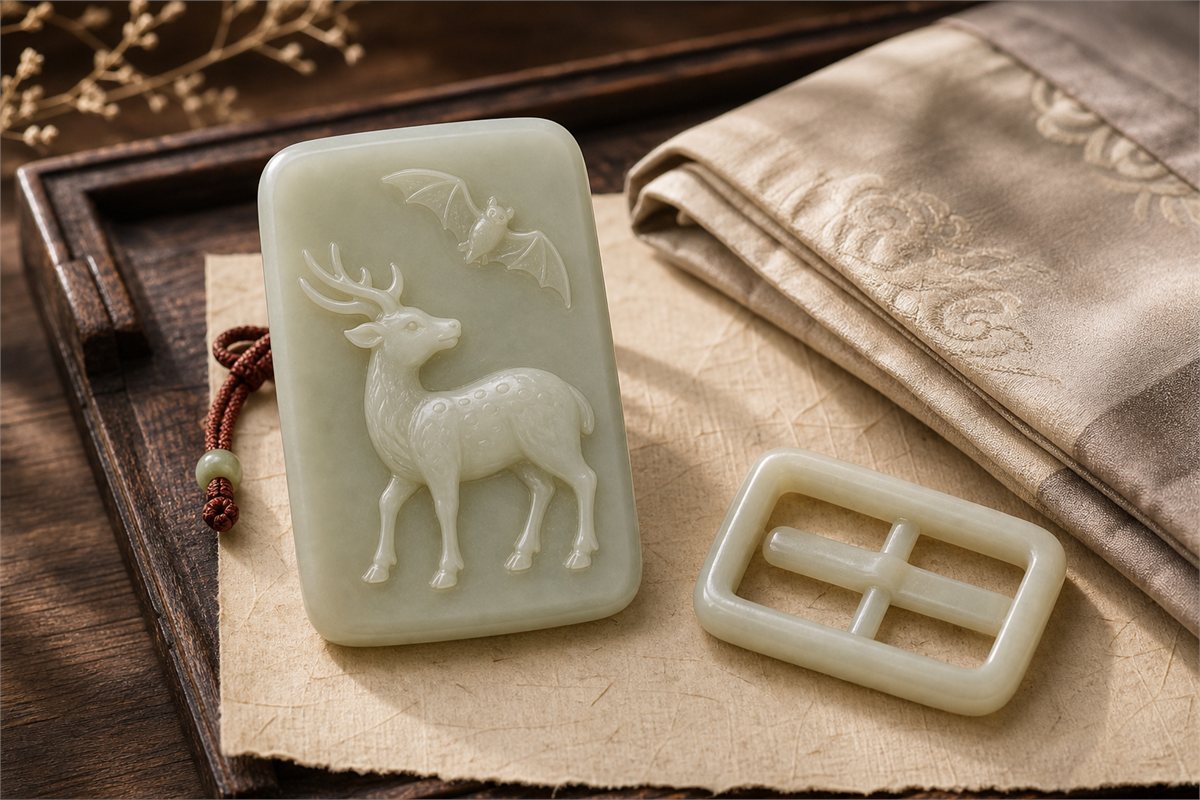 Later-style jade plaque carved with a deer and bat beside a belt fitting on folded silk