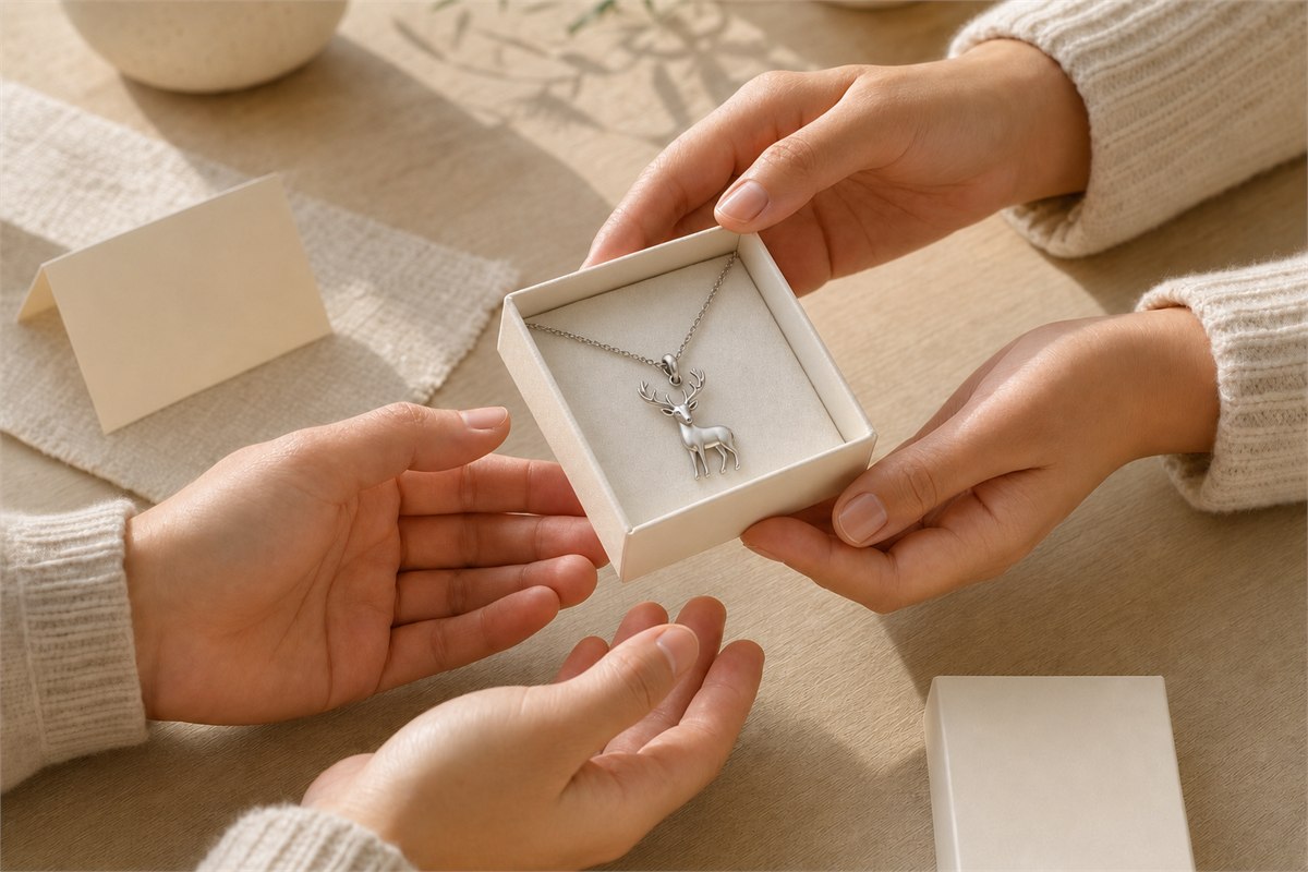 Two adults exchange a cream box containing a silver deer pendant necklace