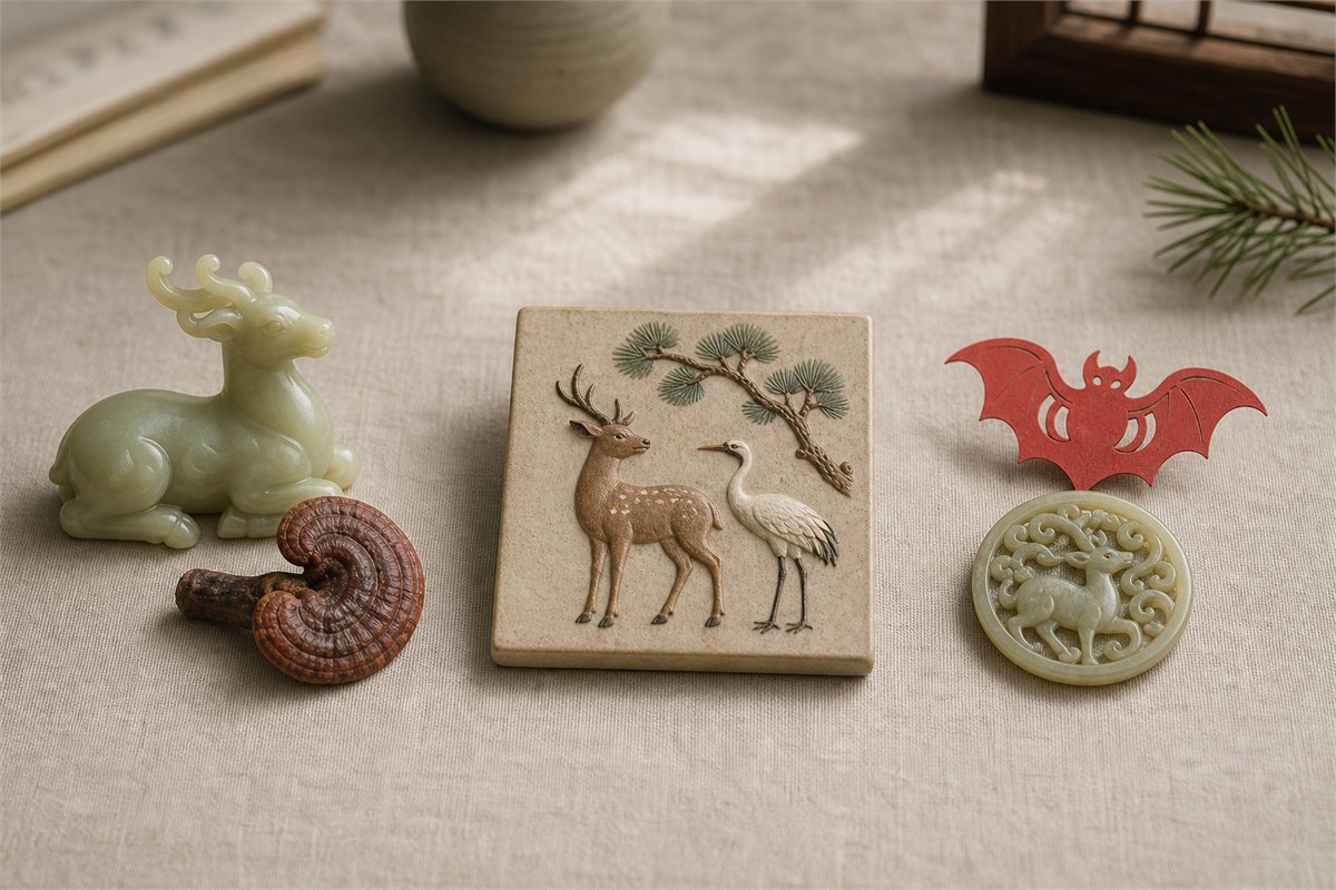 Separate deer with lingzhi, deer-crane-pine tile, and bat with deer medallion groupings