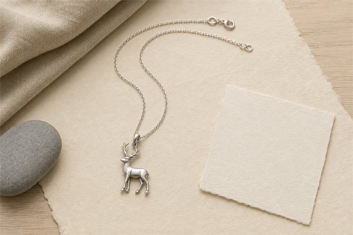 Silver deer pendant necklace on ivory paper beside a blank card and gray stone