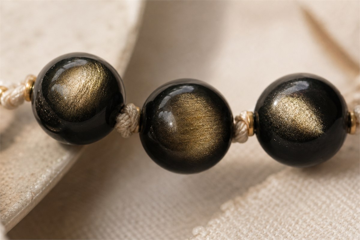 Macro view of black obsidian beads with broad directional internal golden reflections