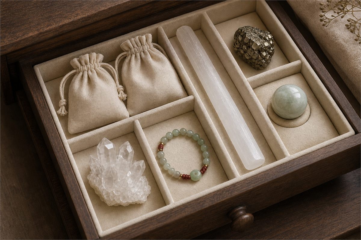 Lined drawer with selenite, pyrite, quartz cluster, bead bracelet, pouches, and a polished sphere on a fitted stand in separate compartments